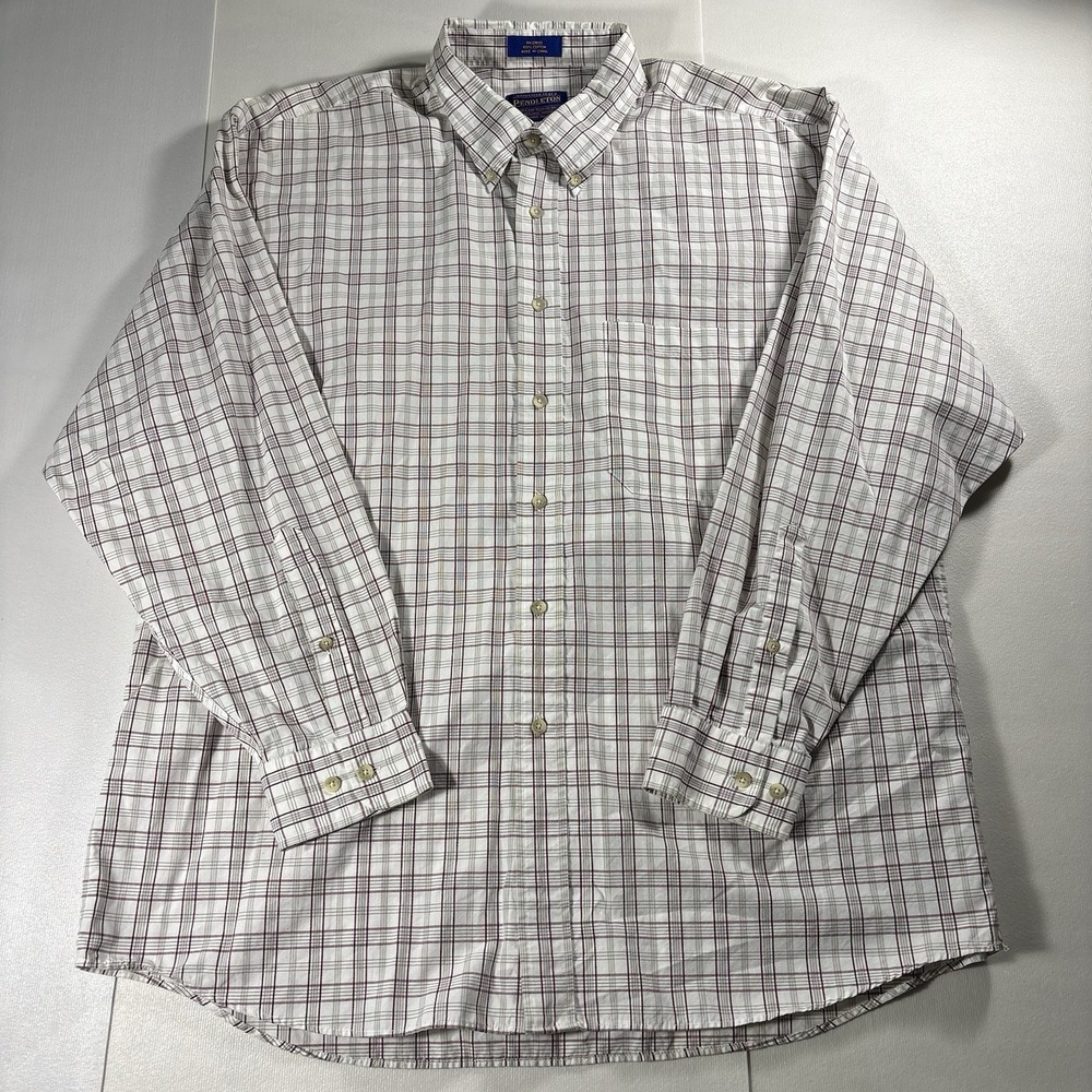 Pendleton Men's XL White Burgundy Plaid Button Down Shirt 100% Cotton Long